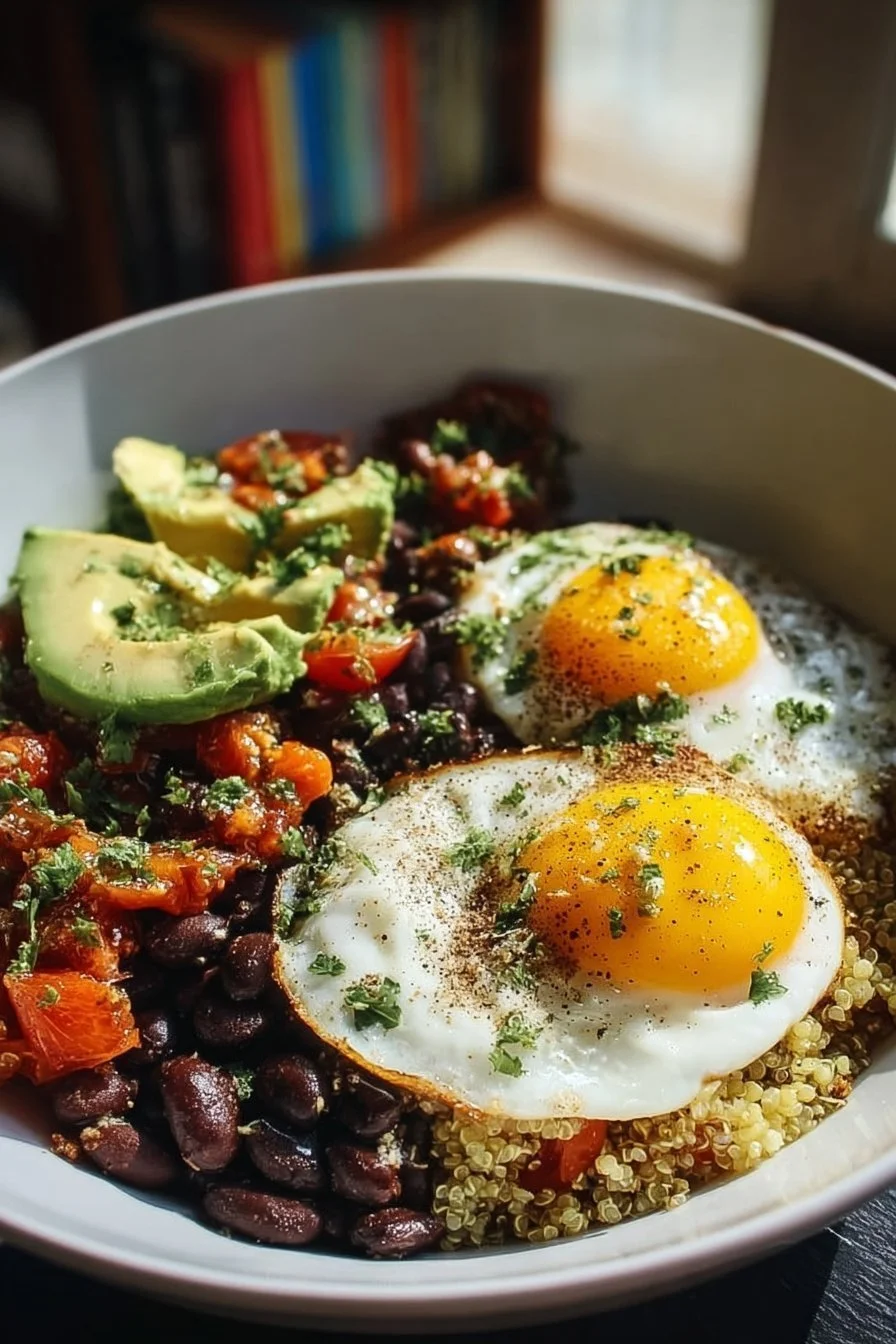Healthy protein breakfast bowl with eggs, quinoa, and vegetables in 15 minutes