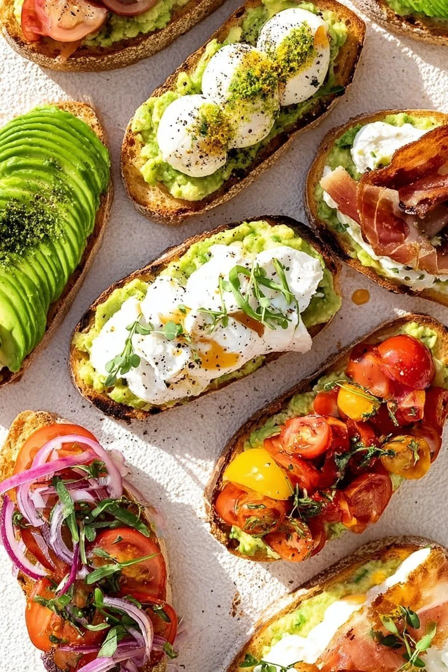 Avocado Toast 4 Delicious avocado toast topped with fresh ingredients and herbs on a wooden table.