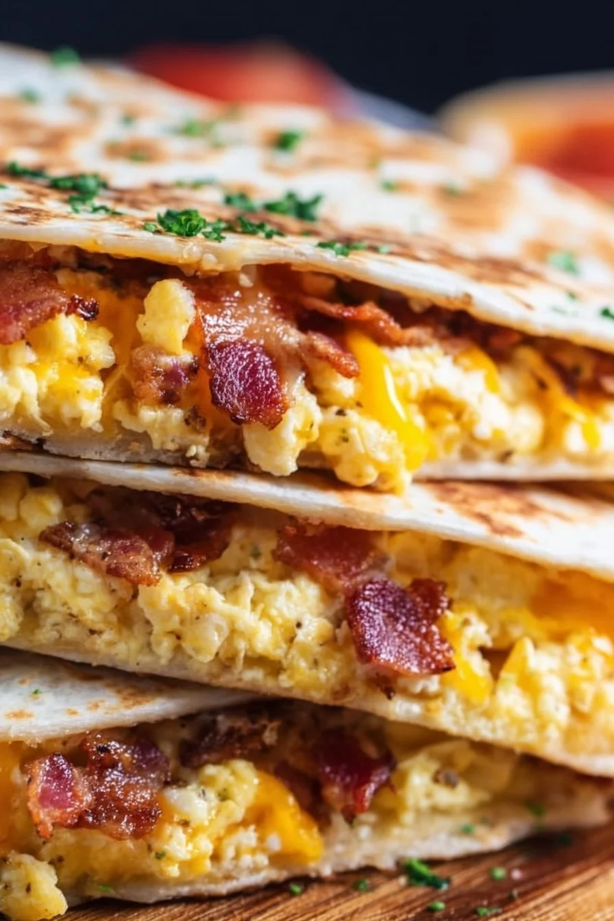 Bacon, egg, and cheese breakfast quesadillas served on a plate