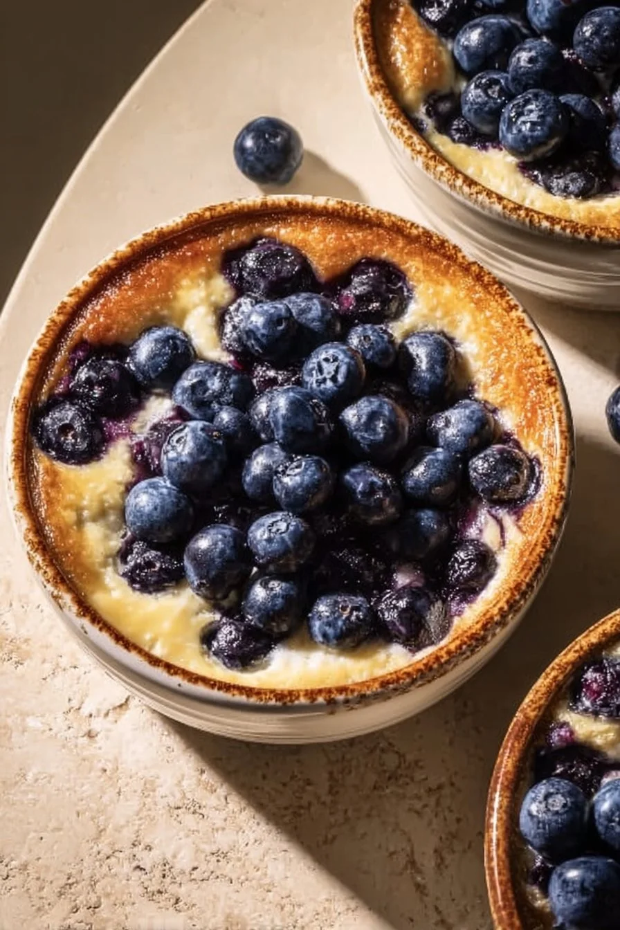 Baked blueberry cottage cheese bowls garnished with fresh blueberries.