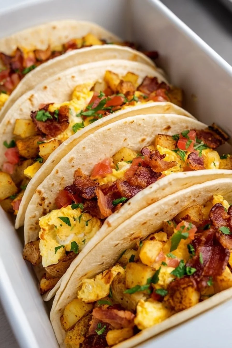 Baked breakfast tacos topped with eggs, cheese, and salsa
