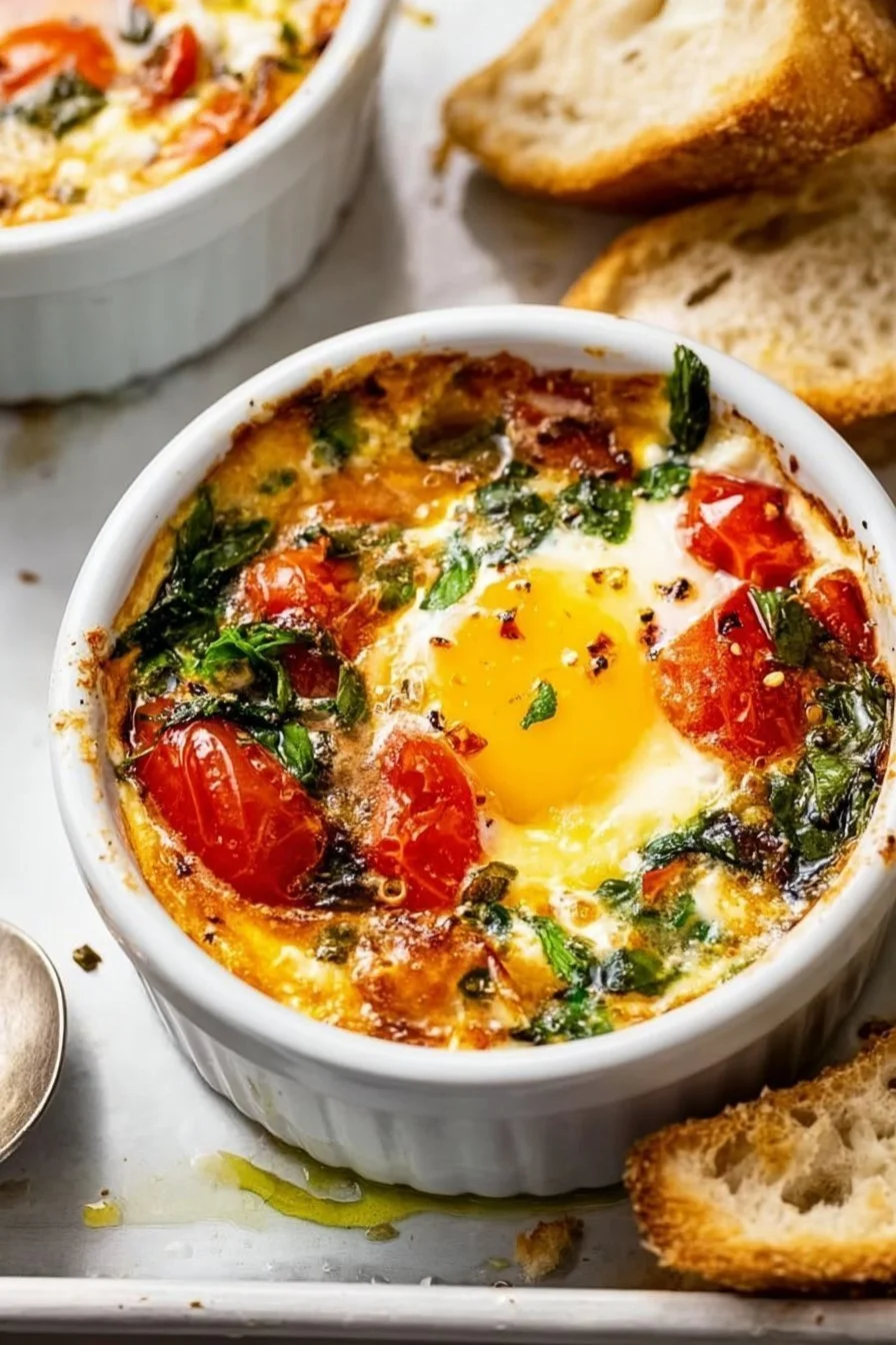 Baked feta eggs with tomatoes and spinach served in a colorful dish