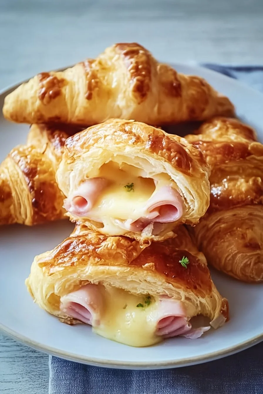 Delicious baked ham and cheese croissants on a plate ready to eat