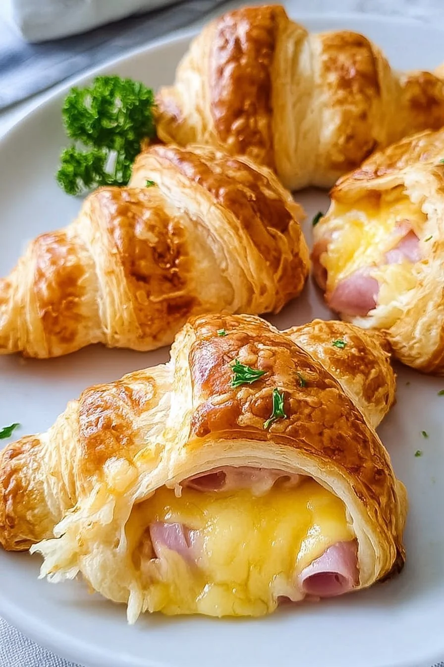 Freshly baked ham and cheese croissants on a wooden table