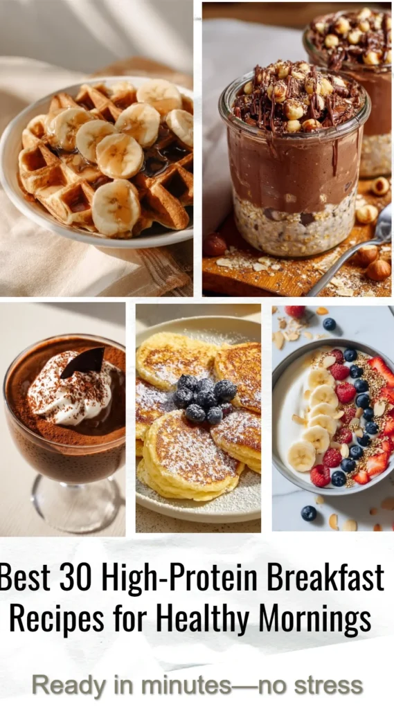 A spread of healthy high-protein breakfast recipes including eggs, yogurt, and smoothies.
