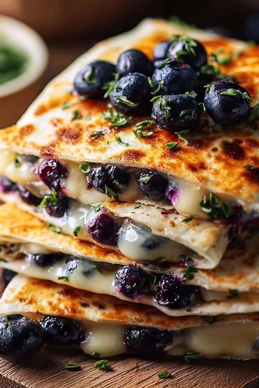 Blueberry breakfast quesadillas served on a colorful plate.