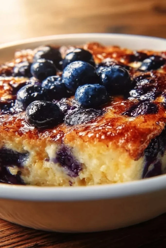 Delicious blueberry buttermilk pancake casserole baked with syrup and berries