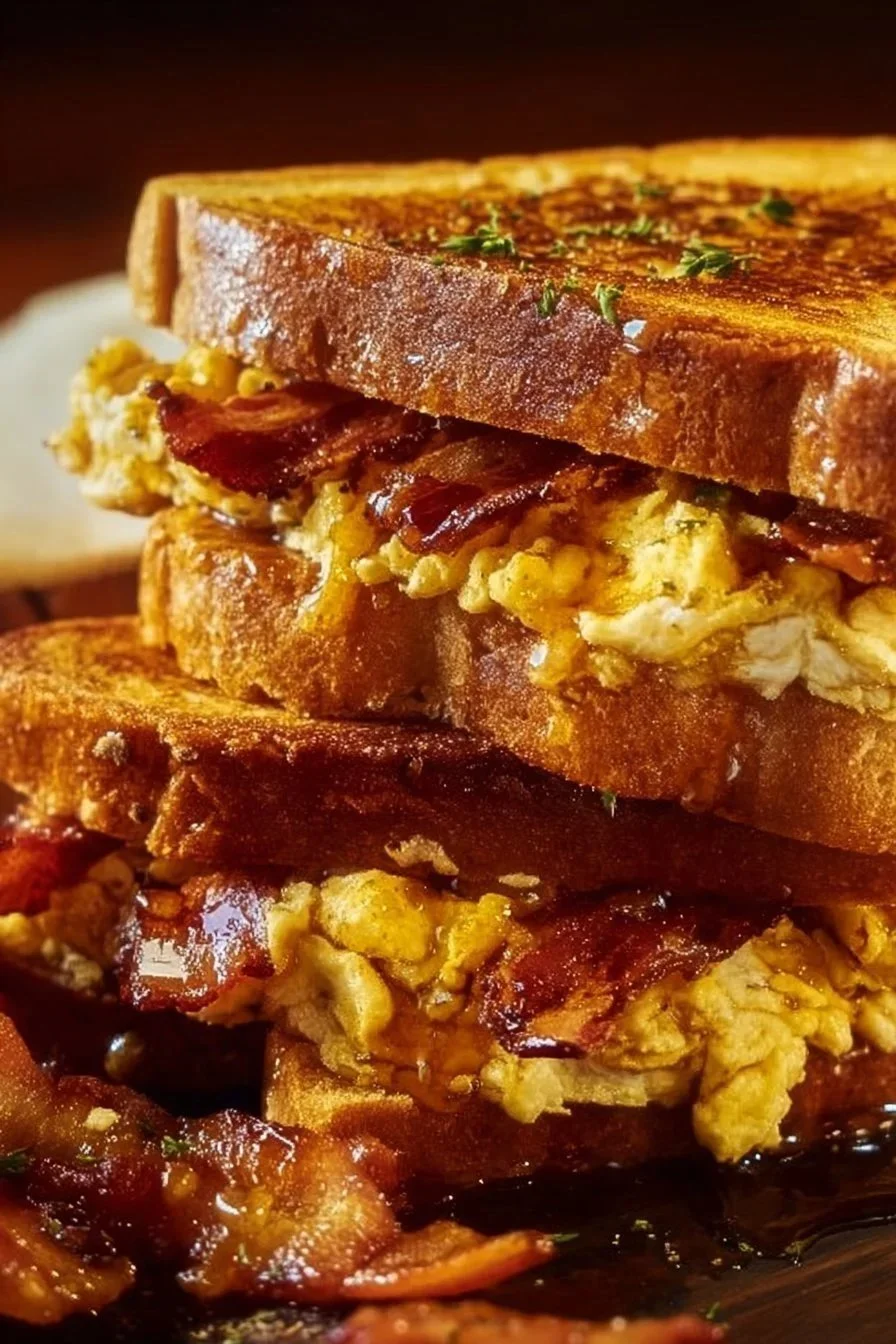 Bourbon Maple Bacon Stuffed Toast topped with syrup and crispy bacon