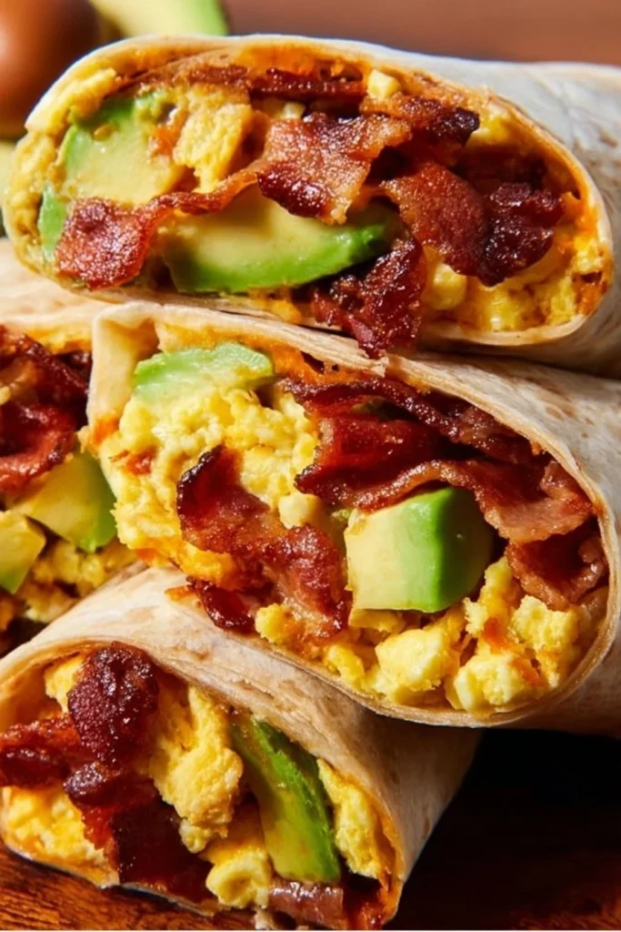 Delicious breakfast burritos filled with eggs, cheese, and fresh vegetables.