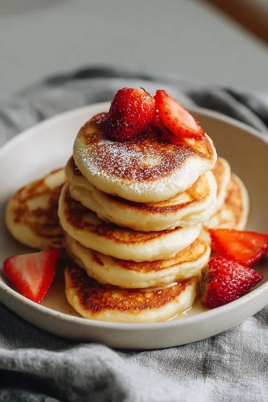 Delicious breakfast pancake poppers served with syrup and fruit.