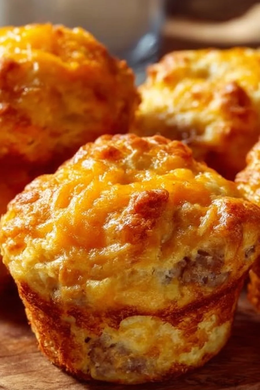 Cheddar Breakfast Sausage Muffins fresh from the oven, golden and fluffy.