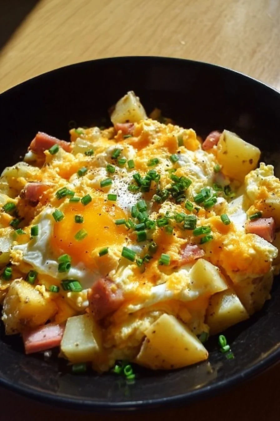 Delicious Cheesy Potato Egg Scramble served in a bowl with chopped herbs
