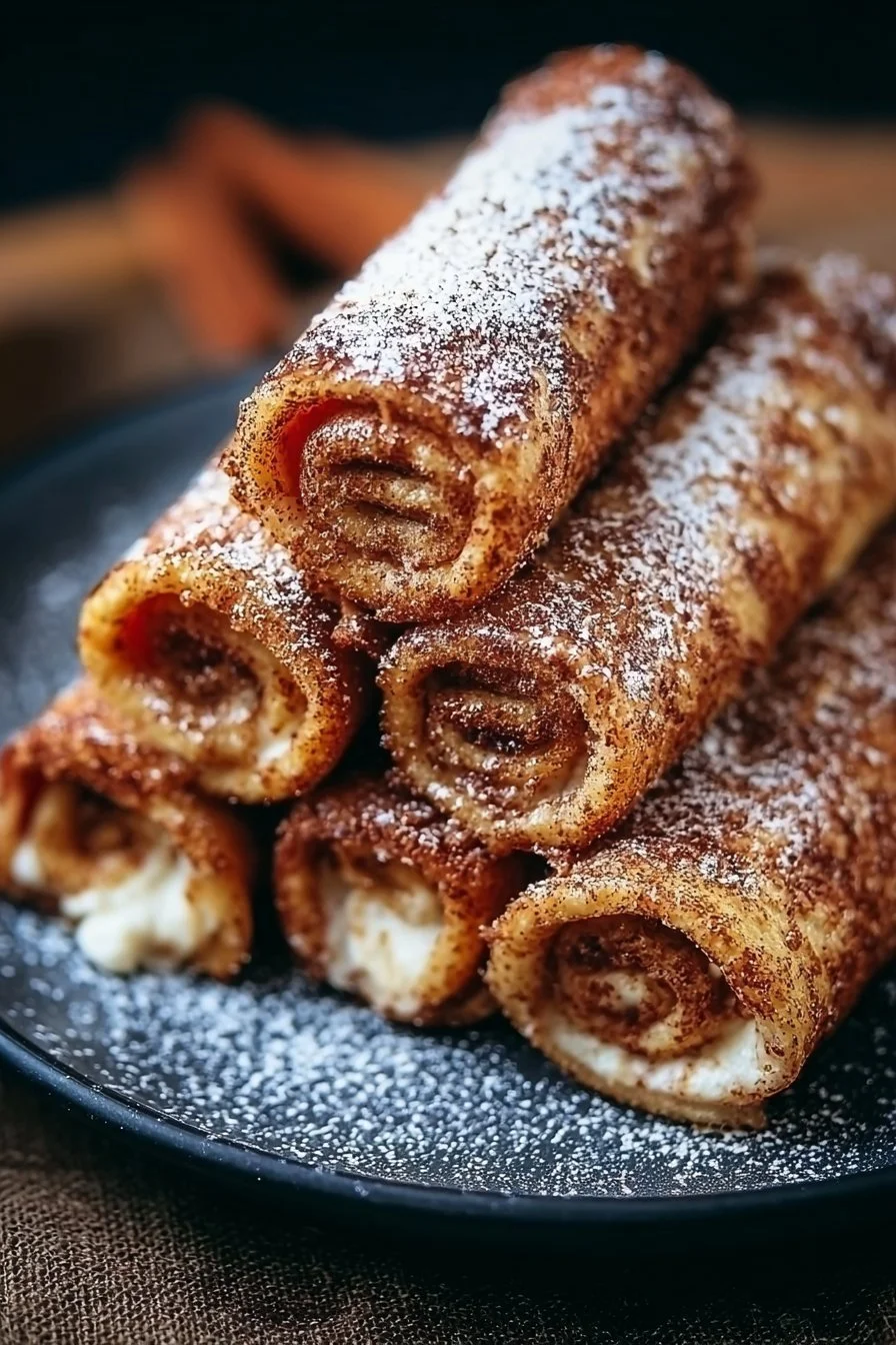 Cinnamon Roll French Toast Roll-Ups served on a plate with syrup and berries