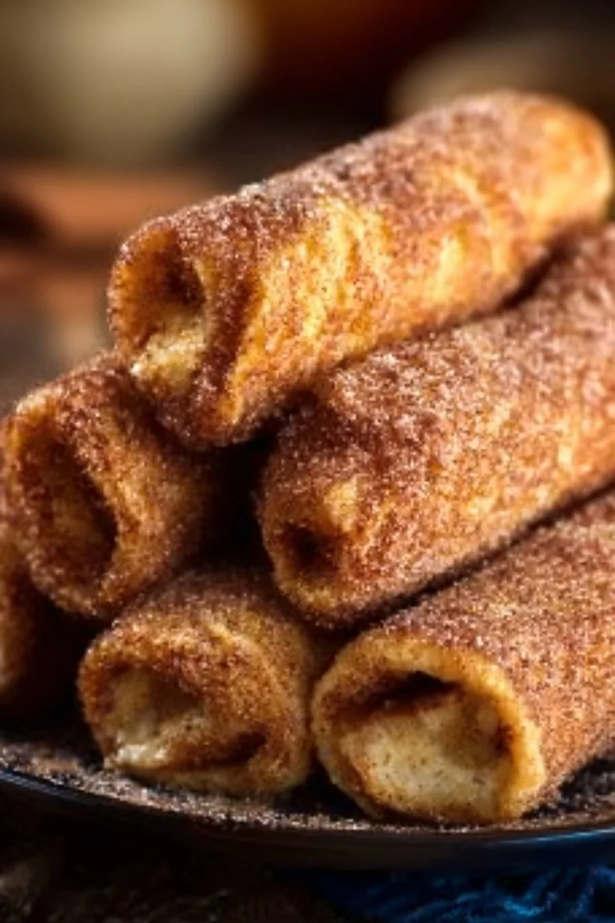 Cinnamon Sugar French Toast Roll-Ups plated with syrup and powdered sugar