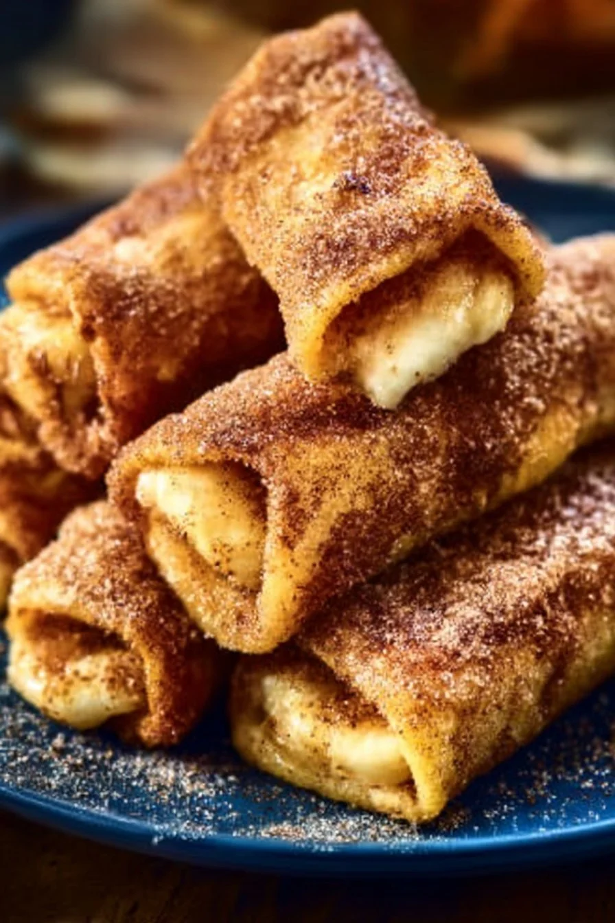Cinnamon Sugar French Toast Roll-Ups stacked on a plate, drizzled with syrup.