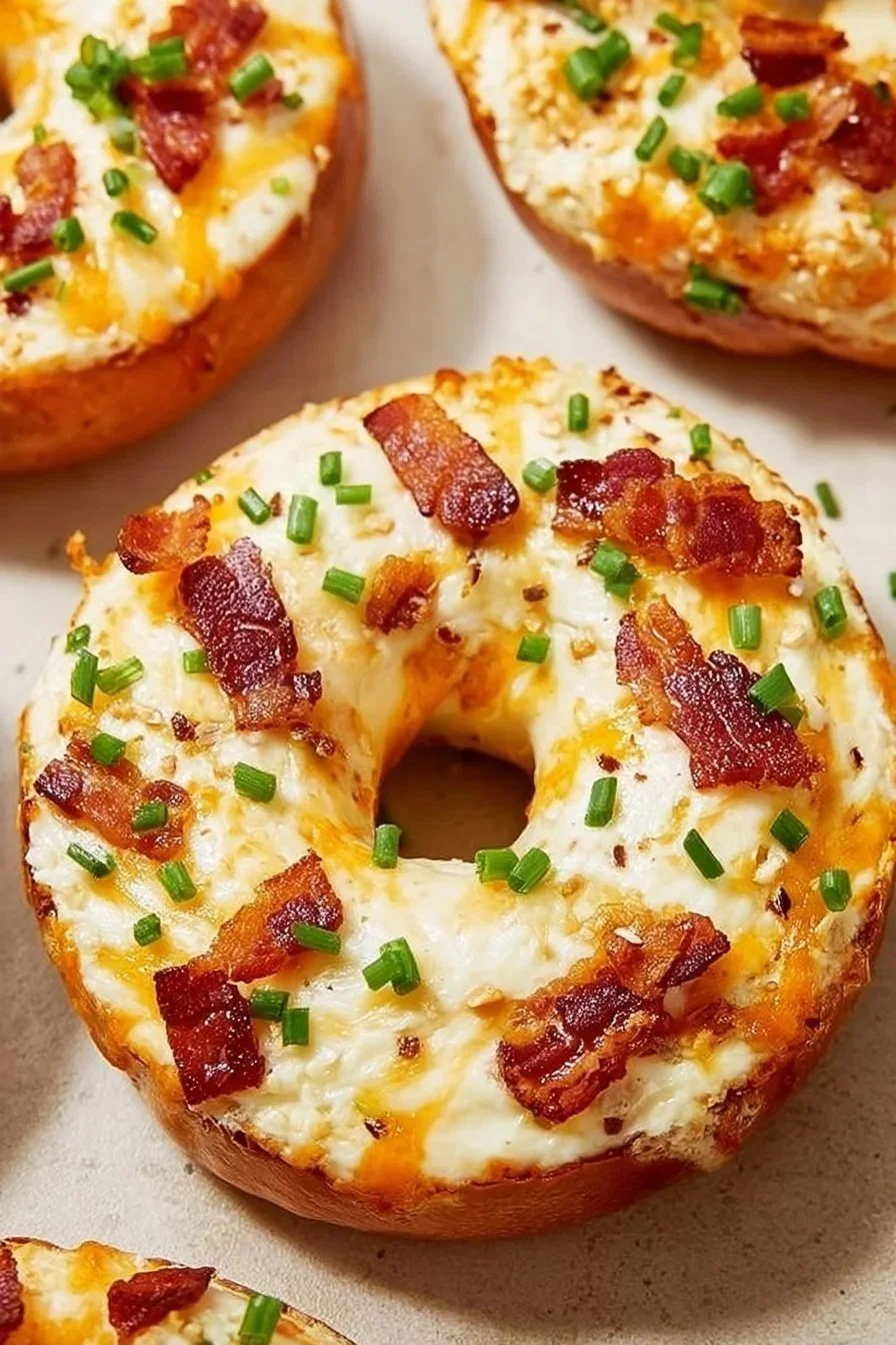 Creamy Bacon Cheddar Bagels 4 Creamy bacon cheddar bagels topped with melted cheese and crispy bacon