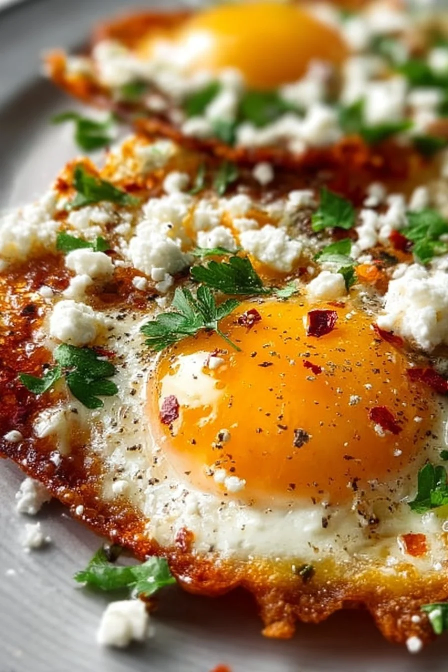 Crispy feta fried eggs served on a plate with fresh herbs
