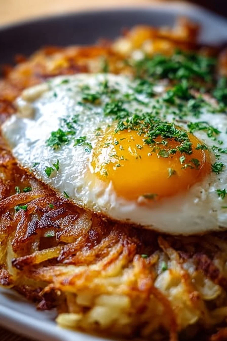Crispy hash browns served on a plate with herbs and spices.
