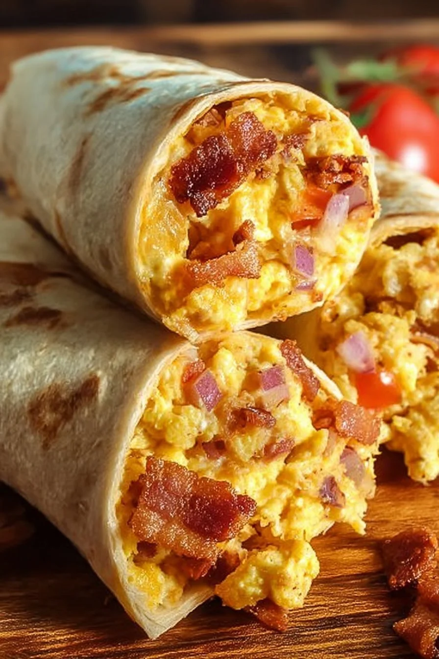 Fluffy bacon and egg breakfast burritos on a wooden plate with fresh ingredients.