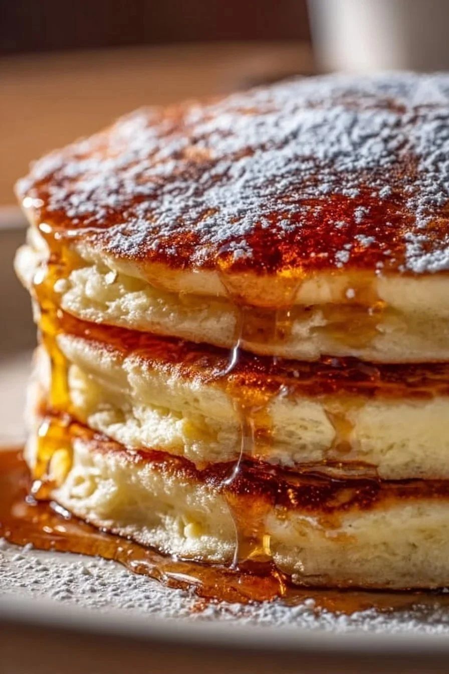 Delicious fluffy pancakes stacked on a plate with syrup and berries