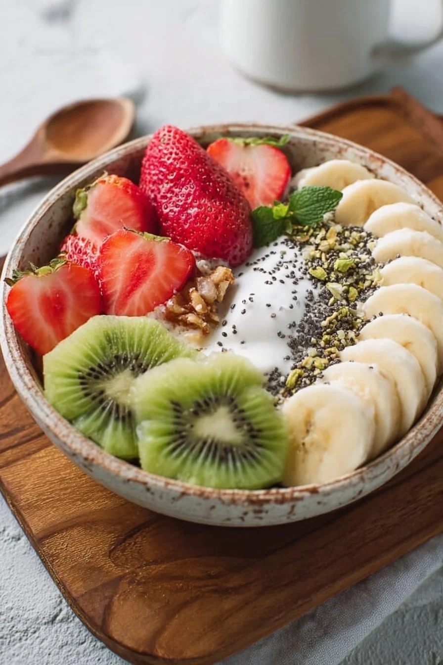 A healthy breakfast bowl filled with fruits, nuts, and grains for a nutritious morning meal.