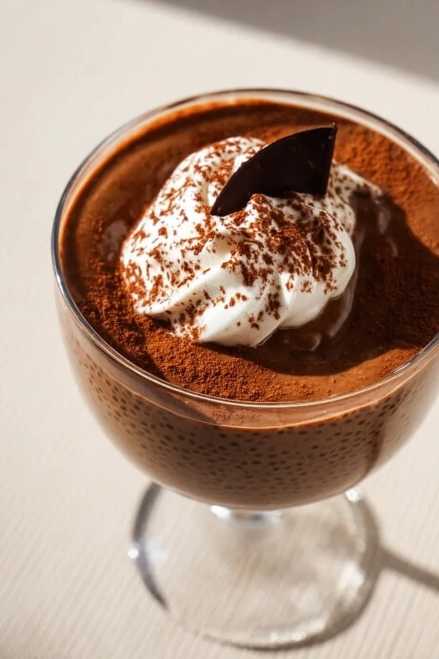 High protein chocolate chia seed pudding in a bowl with toppings