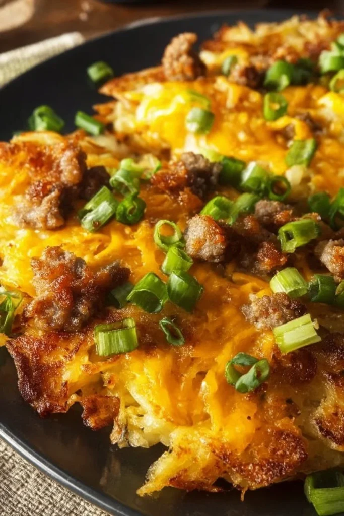 High-Protein Loaded Hash Browns topped with veggies and cheese