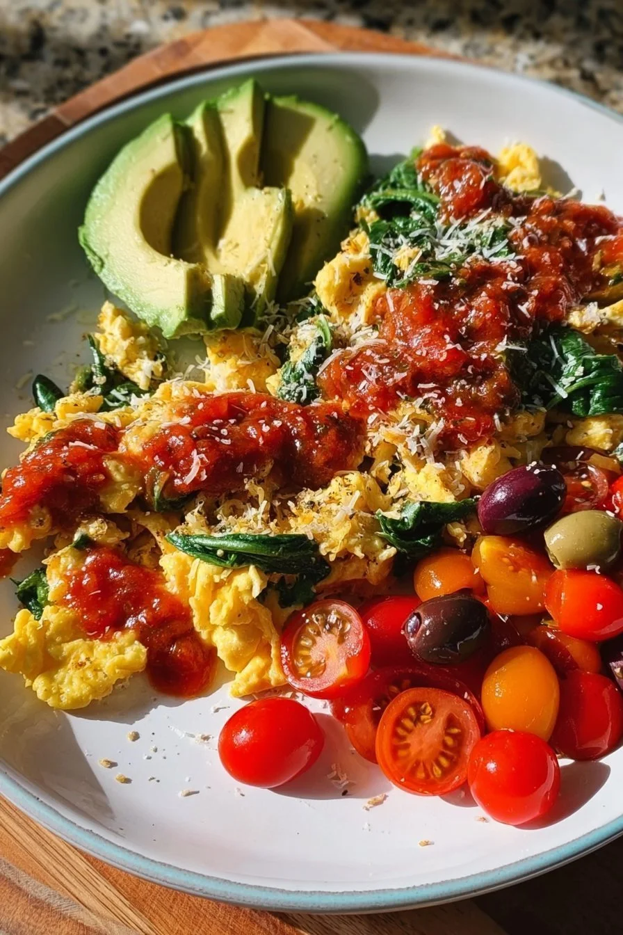 High-protein scrambled eggs served on a plate with fresh herbs