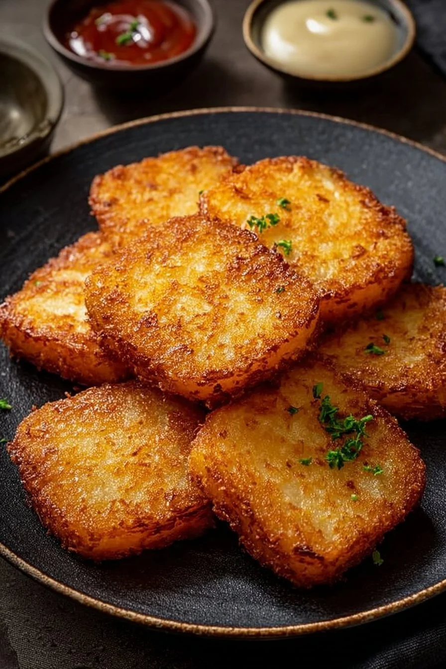 Crispy homemade hash browns served hot and golden brown on a plate