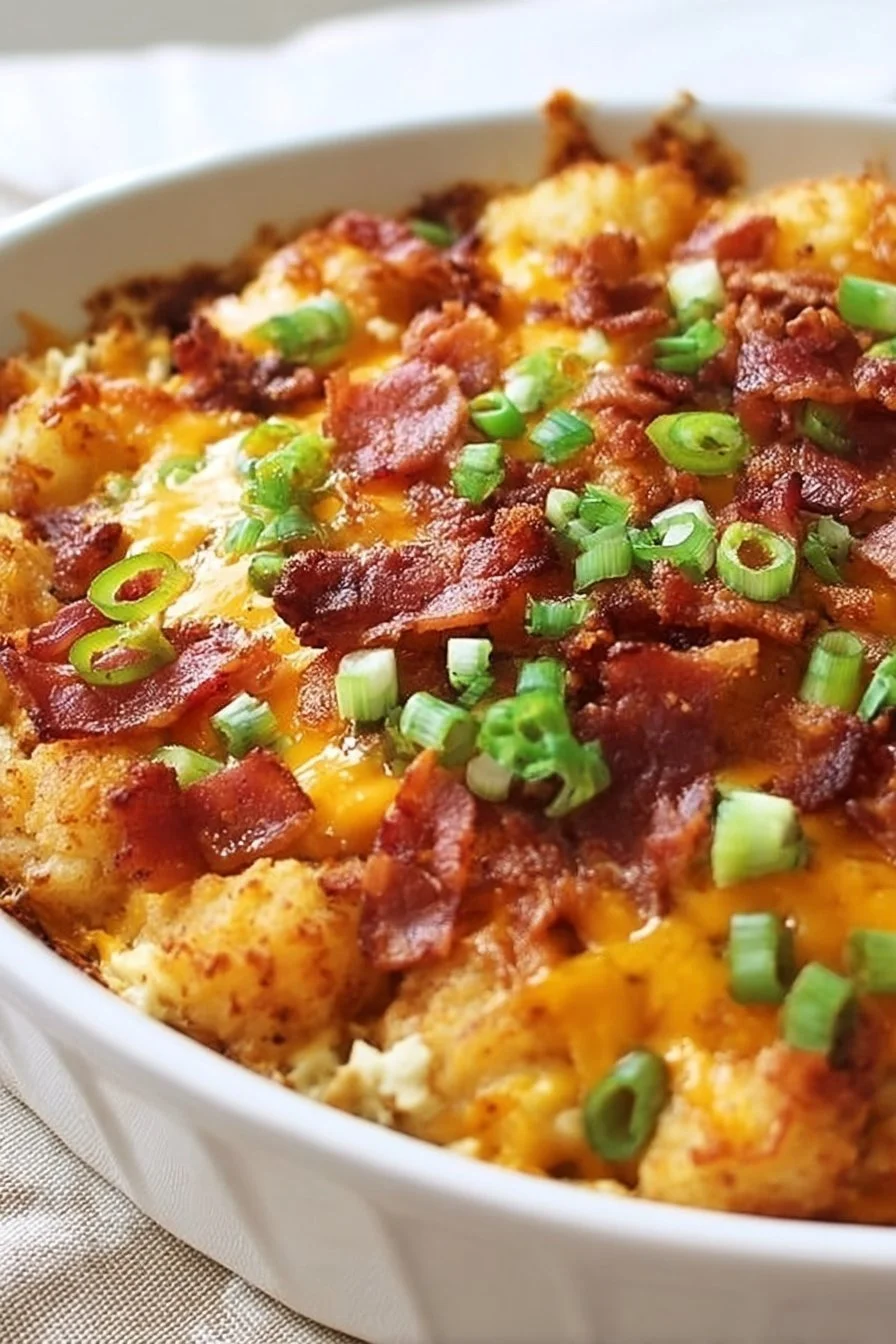 Loaded tater tot breakfast casserole with toppings in a baking dish