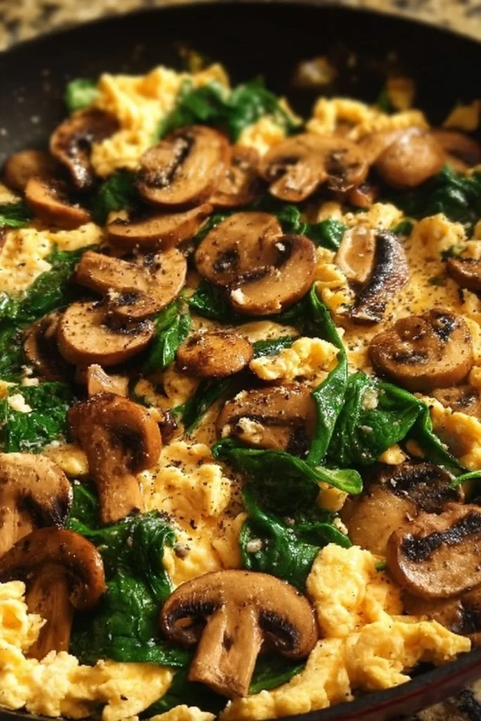 Mushroom Spinach Scrambled Eggs on a plate, garnished with herbs.
