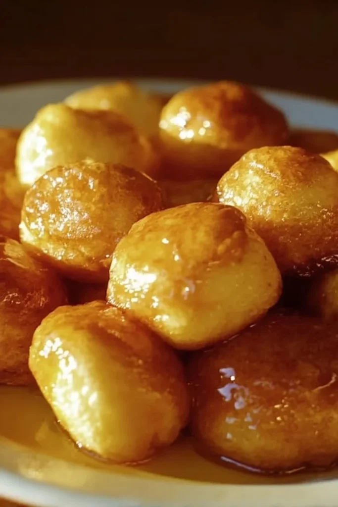 Delicious pancake poppers served with syrup on a plate.