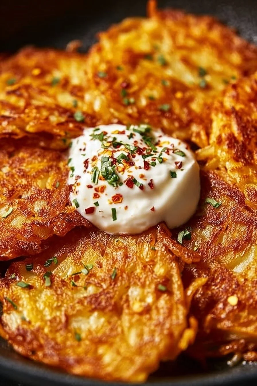 Plate of crispy homemade hash browns served for breakfast