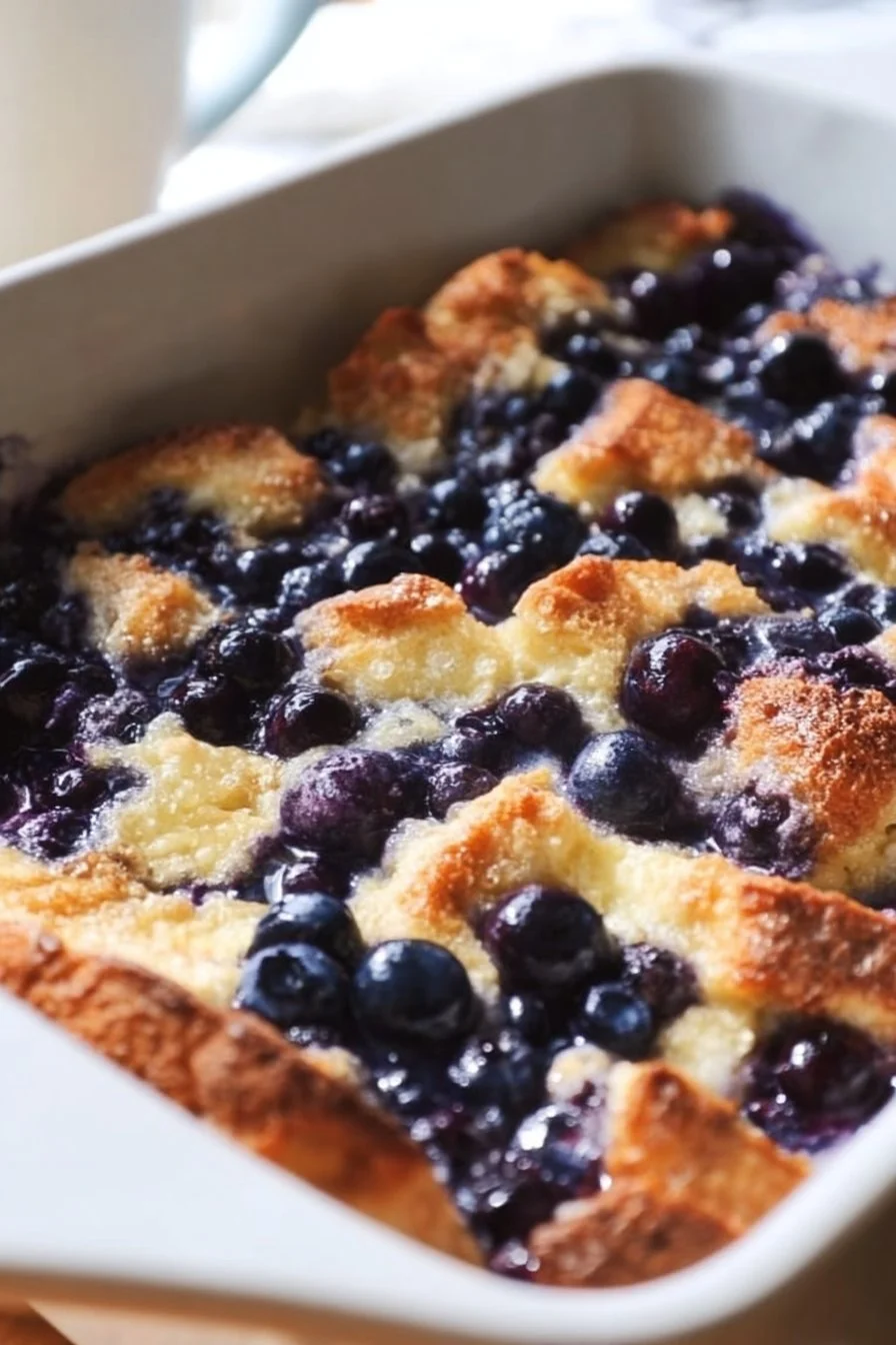 Quick Blueberry French Toast Casserole topped with fresh blueberries and syrup