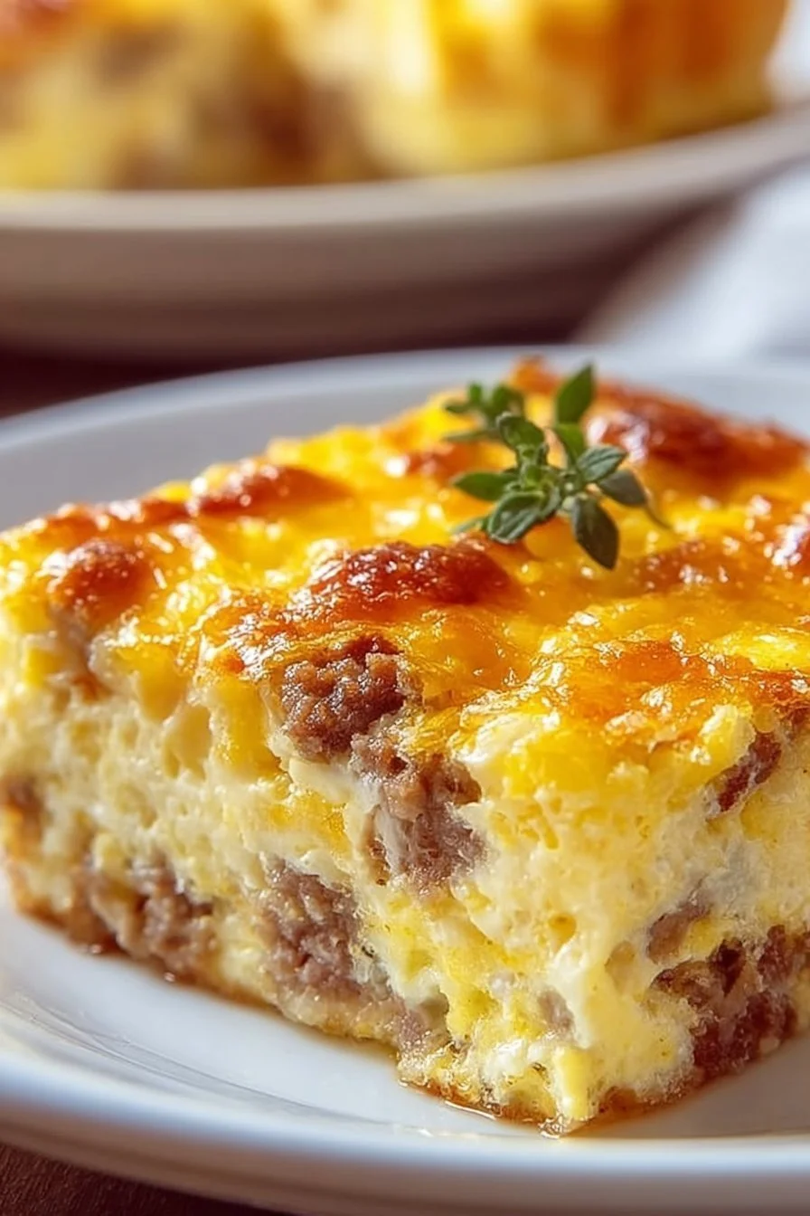 Sausage and Egg Casserole freshly baked in a dish, garnished with herbs.