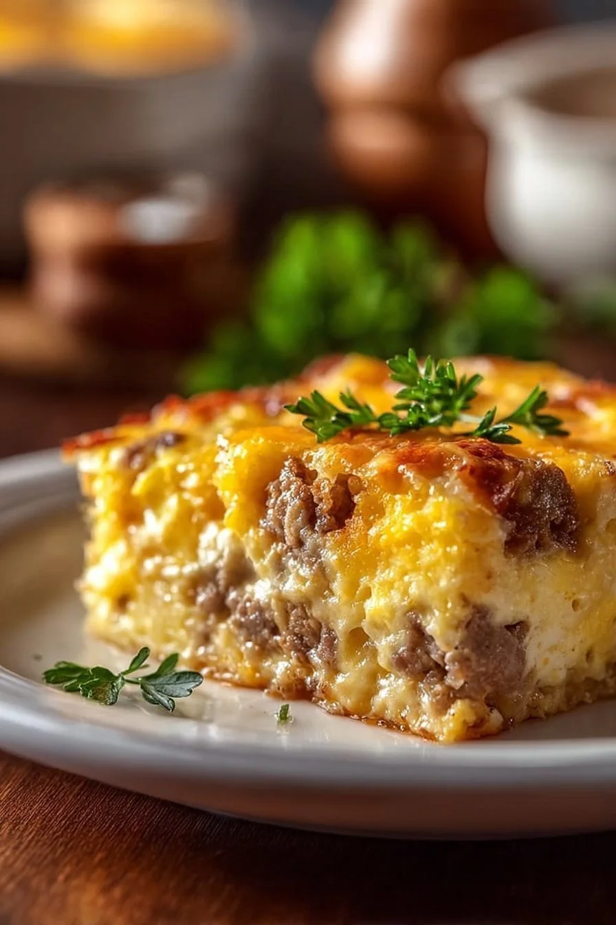 Delicious homemade Sausage and Egg Casserole served in a baking dish
