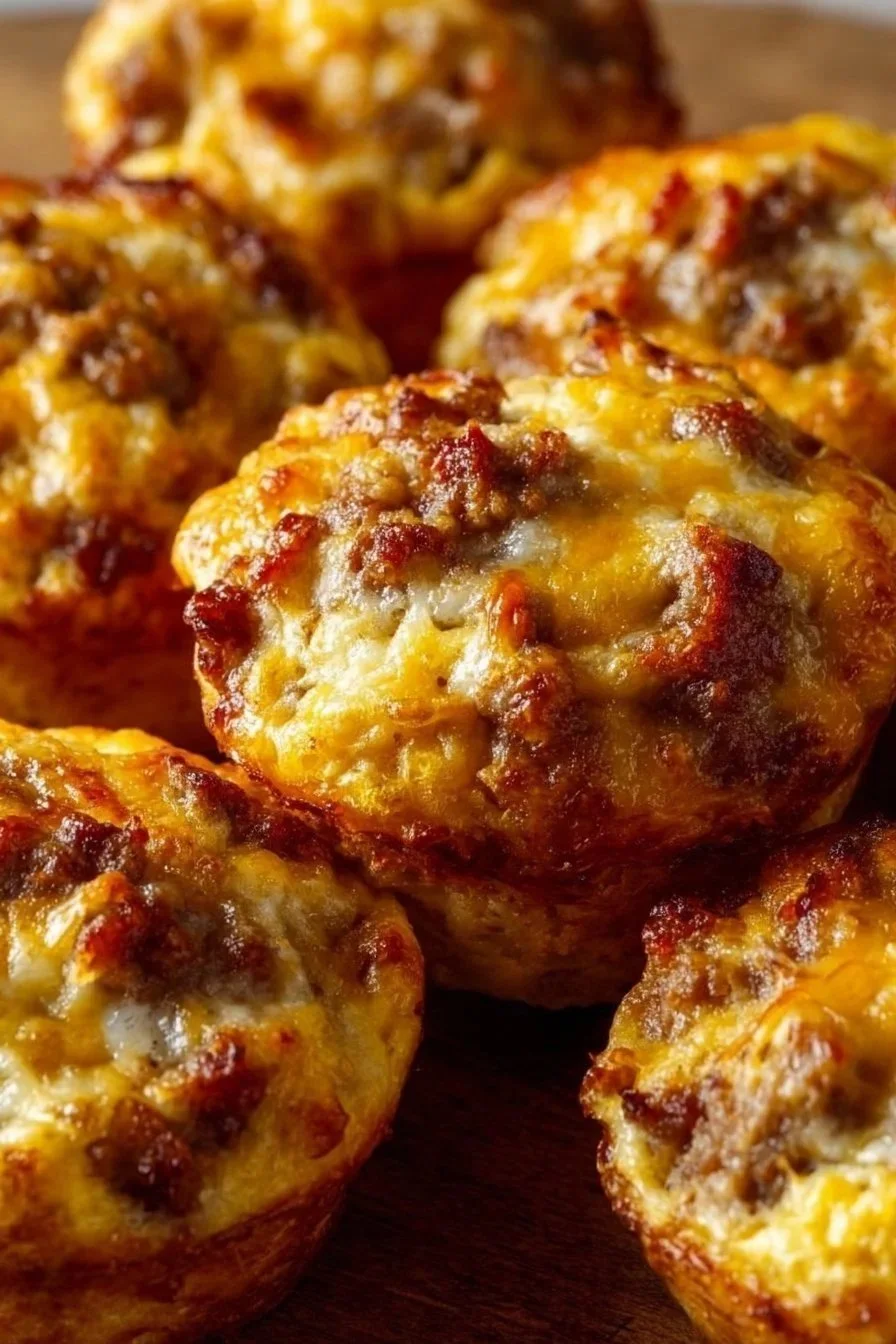Delicious homemade sausage breakfast muffins on a wooden table