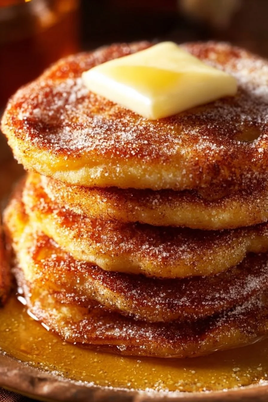 Stack of Spanish churro-inspired pancakes with cinnamon and sugar topping