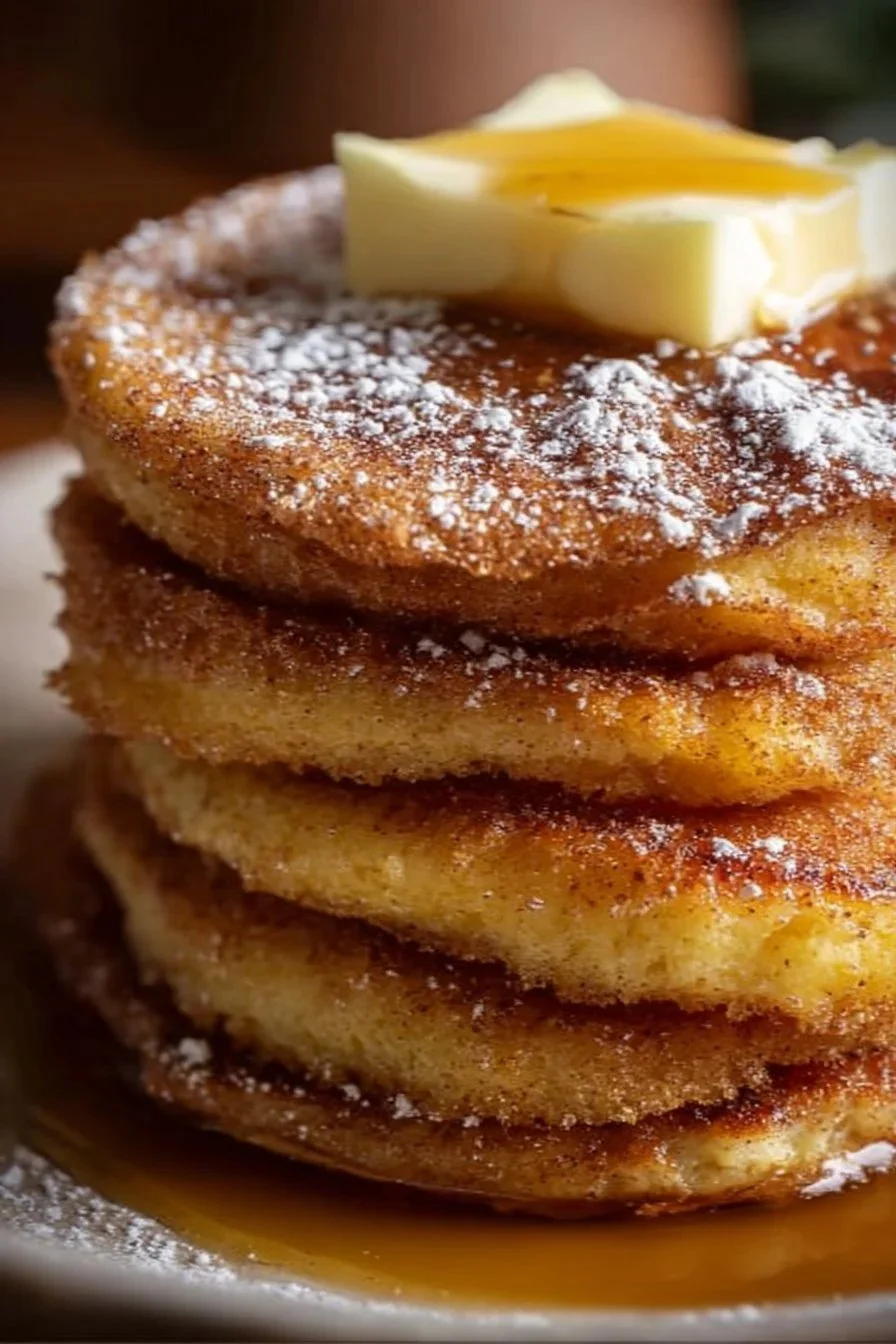 Delicious churro pancakes drizzled with chocolate sauce and sprinkled with cinnamon sugar