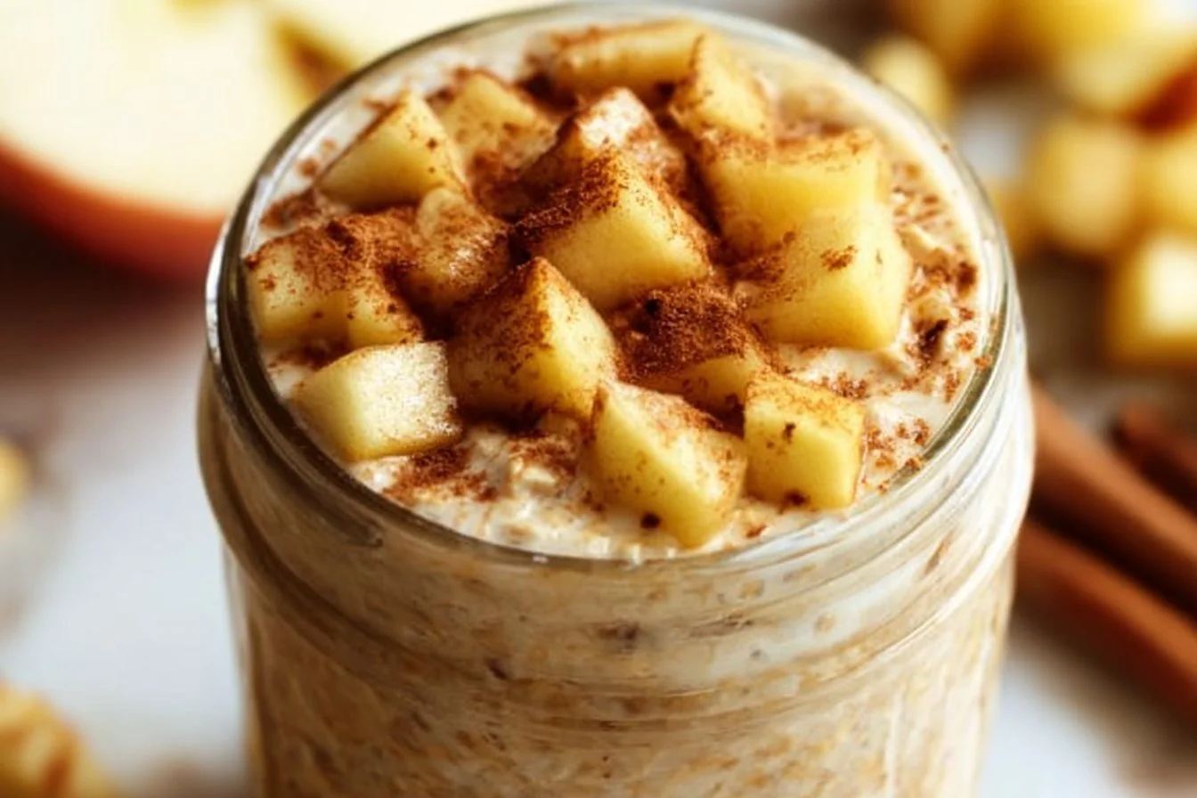 Bowl of Apple Cinnamon Overnight Oats topped with apple slices and cinnamon