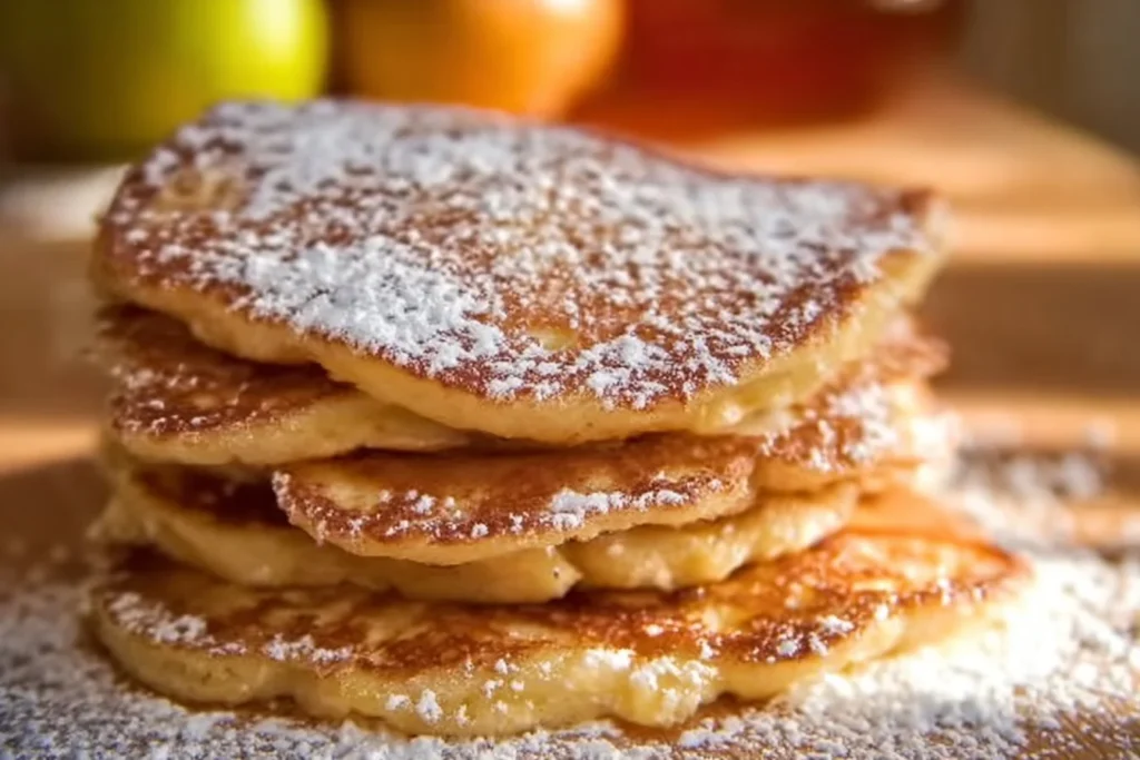Delicious apple yogurt pancakes stacked on a plate with syrup