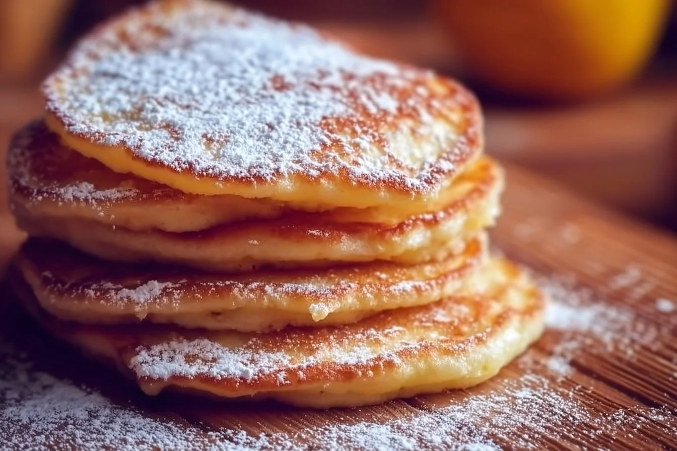 Fluffy apple yogurt pancakes served with fresh fruit on a plate