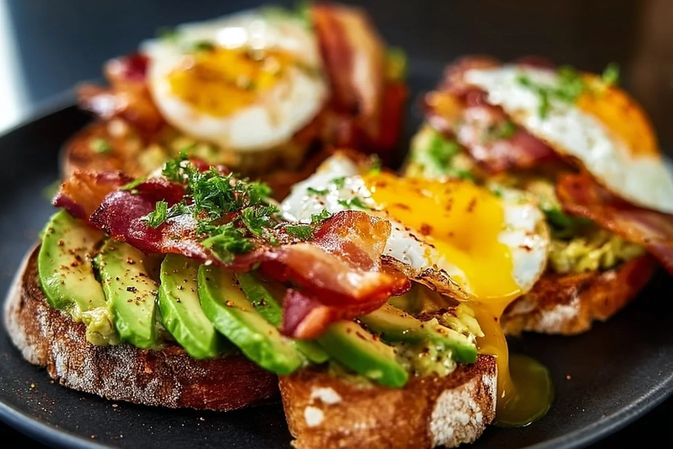 Delicious Avocado Bacon Egg Toasts topped with fresh ingredients
