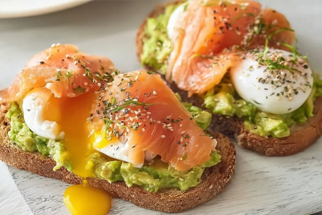 Avocado toast topped with smoked salmon and poached eggs on a plate