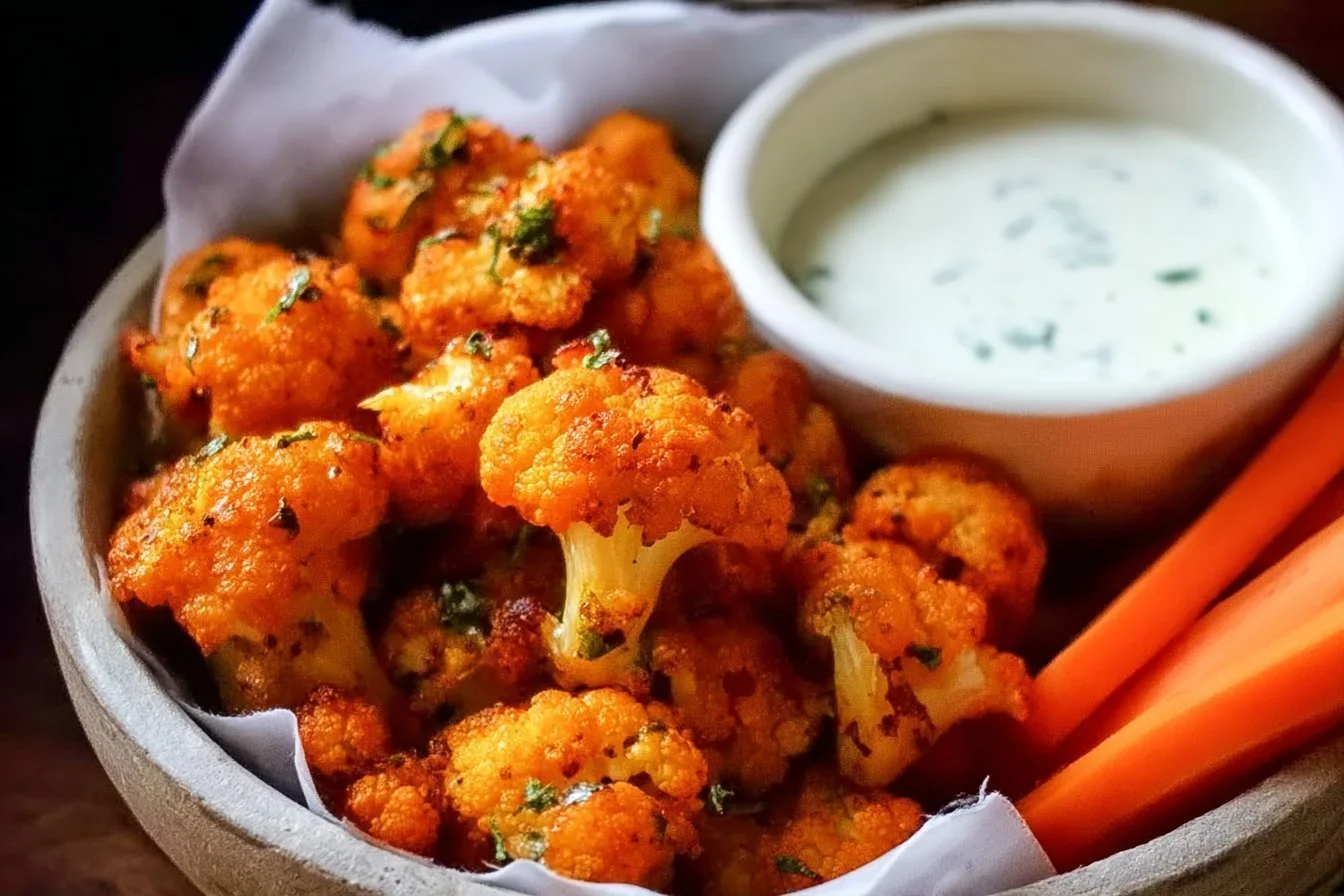 Baked Buffalo Cauliflower Bites served on a plate with dipping sauce