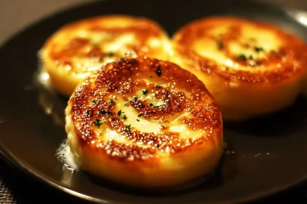 Baked cottage cheese eggs in a dish garnished with herbs