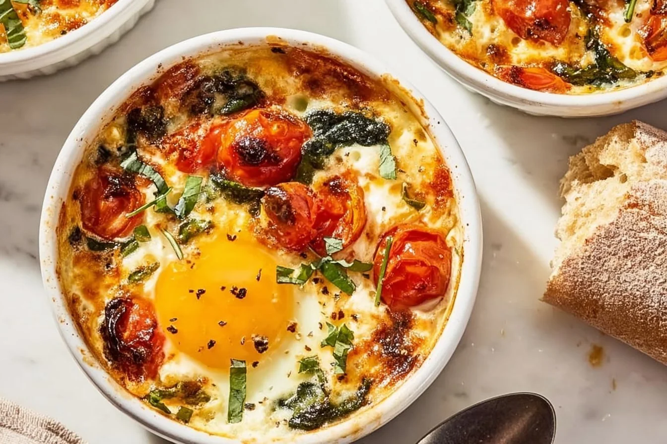 Baked Feta Eggs with Tomatoes and Spinach 4 Delicious baked feta eggs with tomatoes and spinach in a white dish