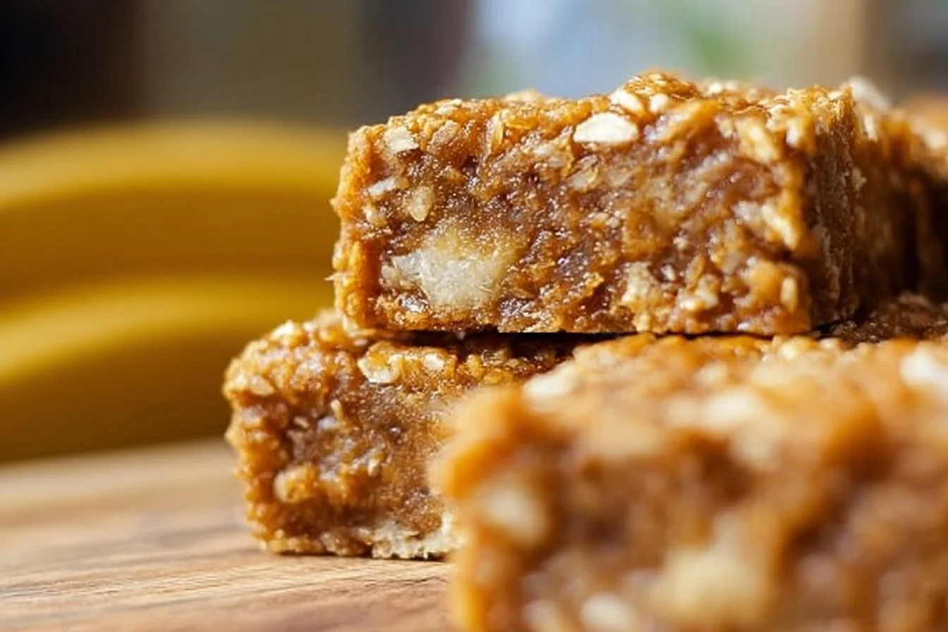 Homemade Banana Oatmeal Bars topped with nuts and fresh bananas