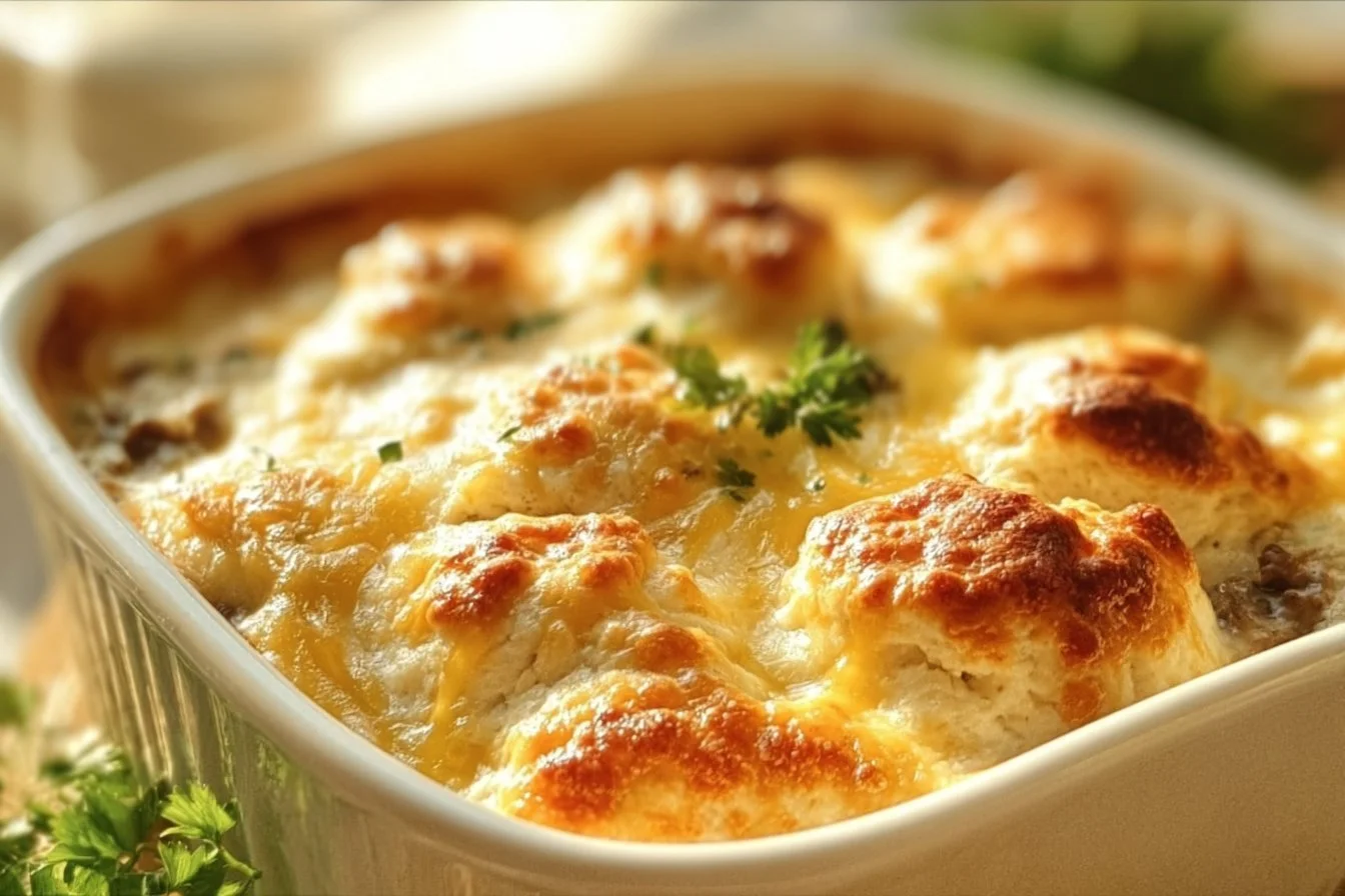 Biscuits and Gravy Breakfast Casserole 4 Biscuits and Gravy Breakfast Casserole served on a plate