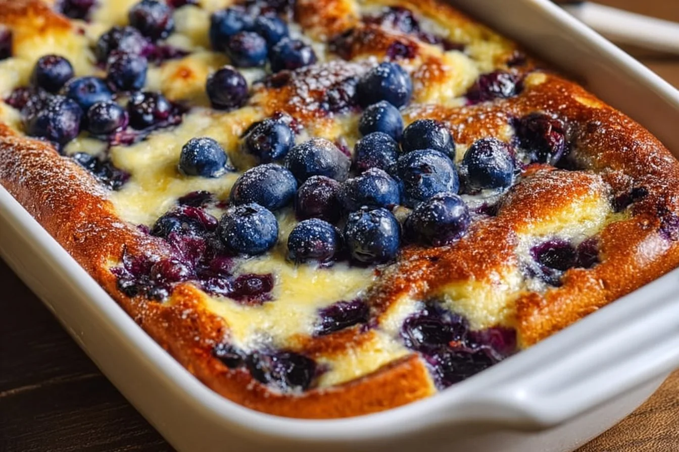 Blueberry Buttermilk Pancake Casserole topped with fresh blueberries and syrup